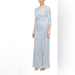 Alex Evenings blue/silver Lace and Sequin Cascade Ruffle Dress Sz 6 $229